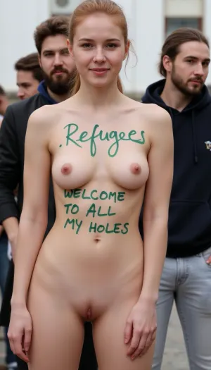 A woman stands in a public place, topless with her breasts exposed, wearing hot pants and a text written in large letters by a green marker "Refugees Welcome to all my holes.