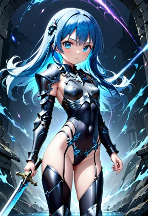 Uma jovem guerreira com cabelo azul longo, olhos azuis grandes, e um corpo petite segura uma espada na mão enquanto caminha pela floresta. De repente, ela ouve ferrugem nos arbustos e desenha sua espada para se defender