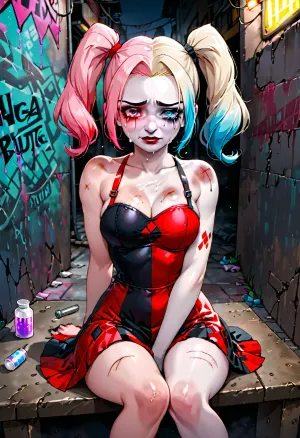 Harley Quinn, sad, crying, sitting in dirty back alleyway, Gwenpool, hard drugs, sexy, bruised
