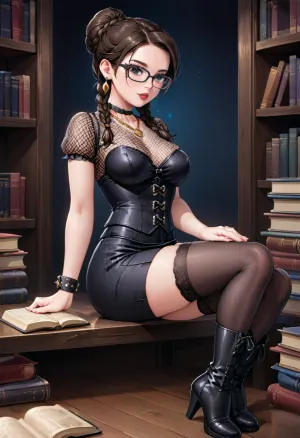 La femme était entachée d'un livre, portant une jupe à crayon, des pompes et une chemisier organza. Elle avait des filets sous sa blouse et lisait un livre avec ses lunettes perchées au bout du nez