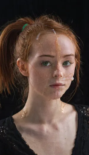 Closeup portrait photography of A 21 year old woman, (slim slender), (ginger-haired ponytail), (green eyes), (cum on face), <lora:JustCum:1.8>
