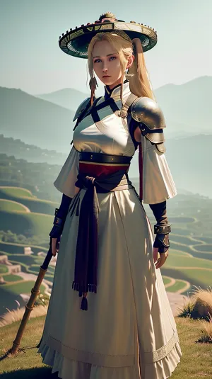 The woman with the ponytail and a mole under her bottom lip stood on a grassy plateau, wearing armor plates on her shoulders and a sash around her waist. She had wide-brimmed circular hat, standing on a grassy plateau