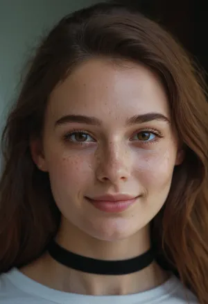 年轻的乌克兰模特儿带着雀斑和凹陷站在镜头前,她明亮的眼睛聚焦在镜头上. 她的脖子上戴着绞刑器,头发被拉回一个紧凑的包. 她的化妆很微妙