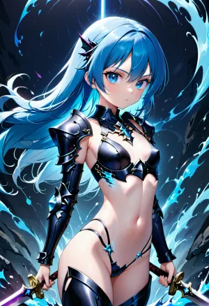 A jovem guerreira com cabelo azul longo, olhos azuis grandes, e um corpo petite estava na frente da máquina AI. Ela segurava uma espada na mão e estava pronta para sua primeira batalha. A máquina AI falou com ela, "Você é você