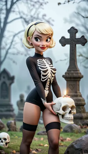 Uma garota gira em um traje de crânio estava segurando uma imagem de um esqueleto com um grande sorriso, em frente a um cemitério. Seu sorriso bonito e curto loira pixie corte cabelo fez dela olhar ainda mais adorável