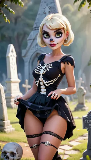 セクシーなスケルトンの衣装のメキシコの少女は、小さなスカートリフトとプラチナブロンドのピクシーカットヘアでカメラのためにポーズ、墓地の前で立っています。 彼女がセクシーな服を着て遊び心のある鹿を着ています, 全体的なゴシックに追加