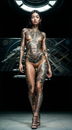 solo, woman, (nude), (Asian), ((perfect beautiful detailed face)), (((extremely detailed realistic face))), supermodel, walking towards camera, (horny, dominant), very long straight black hair, (very long hair:1.1), (full body length), space station, detailed background with steel chrome dark and shiny elements, futuristic star ship background, very high heels sandals, futuristic, (graphic tattoos:1.23), (masterpiece), hi-resolution, ultra-realistic, best quality, best lighting, from from low angle, ambient light, in the centre of a large room, high ceiling, daunting atmosphere, model pose, tttattoo, photo, of, perfecteyes, eyes, (oiled shiny skin:1), (masterpiece, best quality, ultra-detailed:1.6), illustration, (solo, 1girl, beautiful detailed eyes:1.2), <lora:flat_chest_v2:.6>, <lora:YoM_CGMichelle:.6>, <lora:tttattoo by AIKIM2000:.5>, <lora:lora_perfecteyes_v1_from_v1_160:.5>