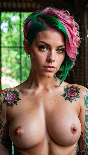 悪魔の女性、彼女の入れ墨とピアスで、彼女のアパートでソファに座っています。 彼女はドアでノックを聞いたとき、彼女は彼女のラップトップでAVビデオを見ていました。 彼女はそれを答えるために立ち上がった、短い男を明らかに