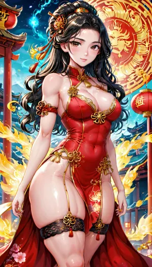 Mulan, 18 years old, standing in front of an ancient Chinese palace at sunset, masterpiece, ultra-detailed, best quality, high resolution, 8k, HDR, cinematic lighting, vibrant colors, high contrast, intricate details, sharp focus. She is wearing a revealing red and gold lace bodysuit that barely covers her medium-sized, beautifully shaped C-cup breasts, with golden accents along the edges. Her outfit includes thigh-high stockings and intricate garters, adorned with traditional Chinese patterns, emphasizing her slender waist and toned figure. She has long, dark, flowing hair cascading down her shoulders and deep, intense brown eyes. Mulan's pose is bold, with one hand on her hip and a confident expression, standing in a warrior's stance. The backdrop features the ancient Chinese palace with lanterns glowing softly, casting warm light on her skin, while cherry blossoms fall gently around her.
Long dark hair, deep brown eyes, delicate features, and a smooth complexion. No accessories or jewelry.
The atmosphere is intimate and respectful of traditional aesthetics, enhanced by the intricate background details of the ancient Chinese palace and softly glowing lanterns., <lora:Microwaist_XL_v01:1.5>