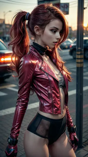 लंबे सुंदर बालों के साथ एक अति विस्तृत अति यथार्थवादी प्राकृतिक खूबसूरत प्यारा, यादृच्छिक साइबर पृष्ठभूमि पर खड़े, एक बहुत पतली कमर फीता स्टॉकिंग्स और घुटने के मोज़े पहने हुए। वह चमकदार कपड़े लंबे जैकेट, पूरी तरह से आकार का पैर है