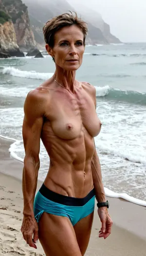 (45 year old very tall, anorexic body, face and body of sofie marie, very short hair), walking at a beach, Perky retrousse tits, cinematic, 8k, best quality, shredded, style, s0fie_m, <lora:shredded woman:.5>, <lora:s0fie_m [thwjyk18f7d0cc1b7o14b7]:.7>, uberfit, muscular, athletic, <lora:uberfit_lora_sdxl:.5>, fog, haze, foggy, mist, <lora:polyhedron_fog-000004:.5>
