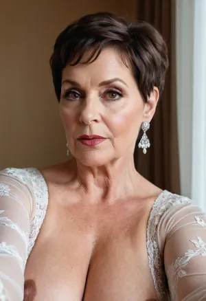 A velha sentou-se na frente de seu espelho de vaidade, admirando uma imagem de si mesma em lingerie que mostrou suas curvas perfeitamente. Ela era uma morena grande com cabelo curto pixie e peitos grandes esguichos. O pescoço dela era de renda