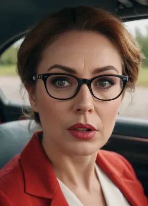 (4K UHD ultra-detailed RAW photo), Pin-up Georgian women 50 yo, angry, in car, glasses, (wide eyes), (4K, high resolution, best quality), (close-up:1.3), krnglln, <lora:krnglln:.5>