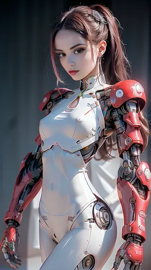 The photorealistic AI-generated cyberpunk prosthetic girl in the futuristic brothel with jewel background was a masterpiece of high-quality cyberpunk art. Her beautiful naked body was symmetrical and perfect, with perfect dark red hair, a smile