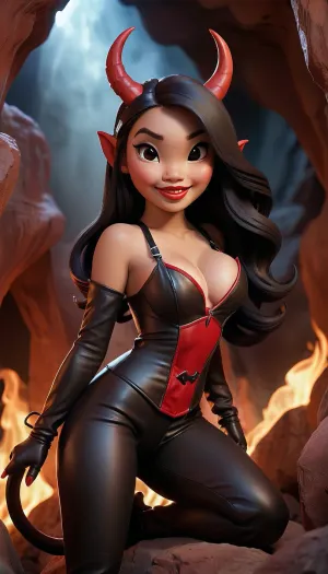 A sexy Asian girl wearing a devil costume with horns and tail, surrounded by fire and demons, with full body visible