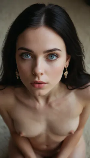 Uma menina deslumbrante com cabelo preto longo, alta maçãs do rosto, olhar confiante, peitos pequenos, pele pálida, maquiagem confiante e brincos está olhando para a câmera com uma expressão confiante