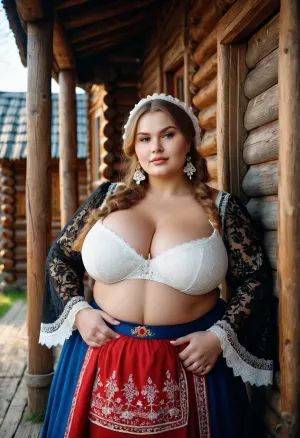 Eine russische Schönheit mit übergroßen dicken Oberschenkeln und großen floppigen Brust in einem nationalen Kostüm, tragen ein klares, hochwertiges 8k Foto