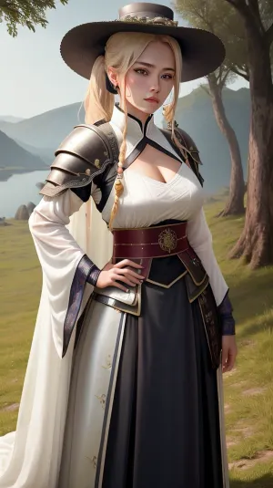 The woman stood on the grassy plateau, her armored body glinting in the sunlight. She held a long sword in her hand, ready to strike at any moment. Her armor was made of bronze and gold, with intricate designs etched