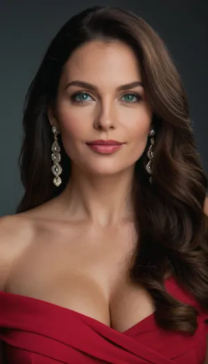 Die langen dunkelbraunen Haare der Frau kaskadierten ihren Rücken und brachen ihr zartes Gesicht. Ihr Make-up war subtil, betonte ihre natürliche Schönheit und betonte ihre großen Augen und ihr warmes Lächeln. Ihr Kleid war ein einfaches, aber elegantes rotes Off-the-should