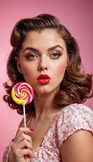 Die junge erwachsene Nymphe mit ihrem Lollipop, glänzend, professionelle Fotoshooting für ein Magazin im Stil der 1950er Jahre