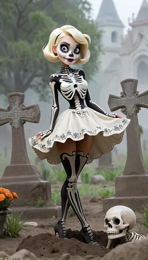 絵の中の少女は、プラチナブロンドショートヘアカットでかわいいスケルトンの衣装を着ています。 全身が見え、足が見えますが、足が汚れから這うスケルトンがつかいます。 彼女の顔は笑顔で、