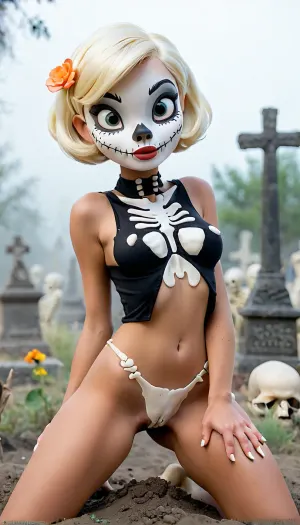 絵の中の少女は、プラチナブロンドショートヘアでかわいいスケルトンの衣装を着ています, フルボディ可視, 脚を広げます. 彼女は笑顔で、彼女の目は閉じられます。 背景には、汚れから這うスケルトンがあり、彼女をつかむ