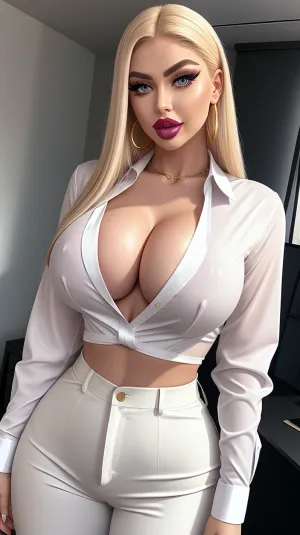 Die Frau im Büro ist ein Modell mit einem natürlichen Look und perfektem runden Arsch. Sie hat große Augen, volle Lippen und eine schlanke Taille. Ihr Make-up ist natürlich und ihr Haar ist geradlinig