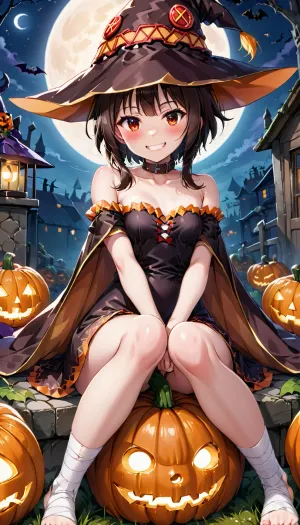 Megumin, une jeune sorcière aux jambes bandées et à la poitrine bandée, était assise seule dans sa chambre. Elle venait de finir de s'habiller pour Halloween et était prête à sortir dans le monde. En sortant, elle a remarqué qu'il y avait
