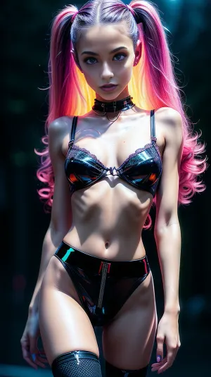 Um cutie de petite natural hiper detalhado, hiper realista com penteado longo e construção de petite, em pé na rua cibernética aleatória + pôr do sol, vestindo uma néon brilhante meias de rendas e meias de joelho com franjas e fitas, penteado longo com