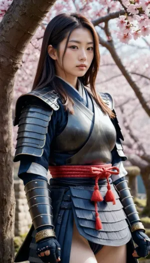 Une fille japonaise hyperdétaillée, très détaillée et belle se tient devant un arbre Sakura alors que les feuilles tombent dans un temple japonais. Elle porte des cheveux longs avec des vêtements détaillés complexes, une armure pleine, et a 20 ans de peau