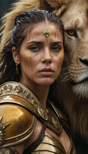 An intricately detailed, fierce female warrior adorned in war paint, her solemn expression reflecting strength and resilience. Her head faces inward toward a majestic white and gold lion, their eyes both closed in a powerful, emotional scene. The pouring rain adds texture, blending with her messy hair and rough paint strokes. The scene is drenched in white, gold, yellow, orange, green, and brown hues, casting dramatic light and shadow. The deep colors and rough textures emphasize their unbreakable bond, with every detail meticulously rendered in a matte painting