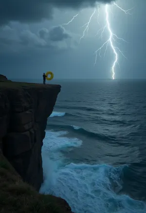 Одинокая фигура стояла на пропасти, уставившись на бушующий внизу океан. Внезапно снизу появилась фигура, держащая в руке надувной желтый круг. Они начали подниматься к фигуре на скале, и как они