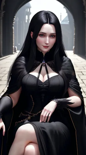 A 30-year-old Russian woman with pale skin and very long loose voluminous black hair, wearing a fancy long flowing black sleeveless dress, a black cloak over her shoulders, hips-and-up close-up portrait, sitting on