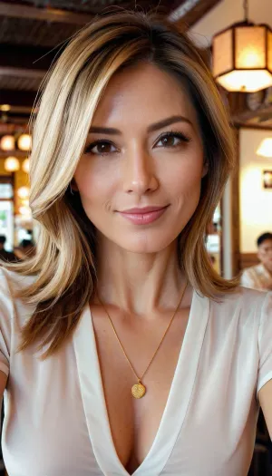 एक 40 वर्षीय व्यवसायी एक जापानी रेस्तरां में एक टेबल पर बैठा, उसके बादाम आकार की आंखें मेनू को स्कैन करती हैं। उनके पास लंबे समय तक सीधे बाल थे जो उसके पीछे गिर गए थे, और वह काले स्कर्ट के साथ एक सफेद ब्लाउज पहन रही थी। पतला