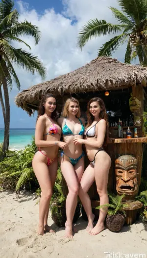 Un bar fatto di palme e viti si trovava di fronte a una bella donna realistica, servendo bevande ai clienti. Il sole splende sulla spiaggia di sabbia bianca, che lo fa sembrare un paradiso tropicale