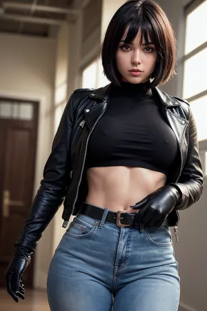 중간 길이의 머리카락과 섹시한 미소를 가진 20 세 소녀는 그녀의 단단한 까만 가죽 재킷을 가진 복도 아래로 걷고, 그녀의 발가락 다리와 데님 청바지 바지를 드러냅니다. 그녀는 정박한 사원과 전체 아름다운 엉덩이를했다,