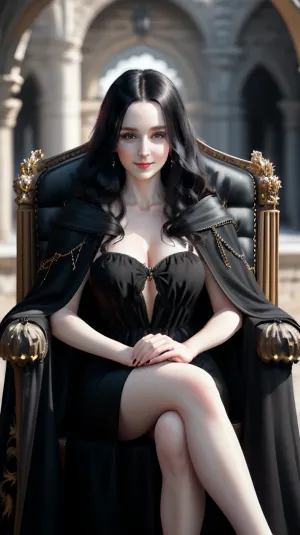 The woman in the picture is wearing a voluminous black gown with flowing black sleeves, and a smile on her face. She is sitting on a throne in a castle courtyard, with her hips-and-up close-up portrait displayed on the