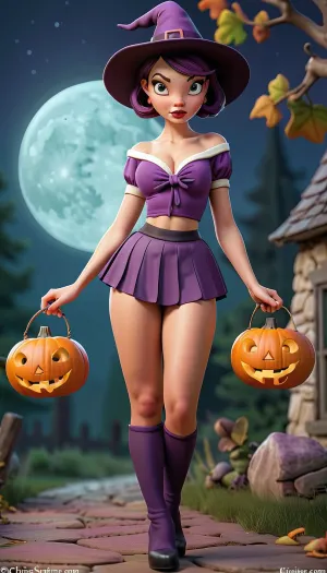 एक प्यारा लड़की बैंगनी लेगिंग और स्कर्ट के साथ एक चुड़ैल पोशाक पहने सेक्सी, pinup, नग्न, नग्न, boobs, बिल्ली, chrissandersartstyle है