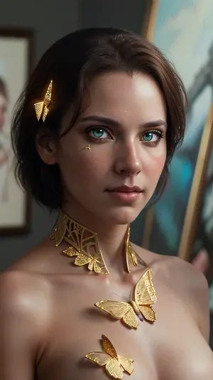 A majestic cyborg with gold butterfly filigree, intricately detailed AI, and highly detailed oil painting of a beautiful cyborg with brown hair and surreal photography by artgerm and greg rutkowski