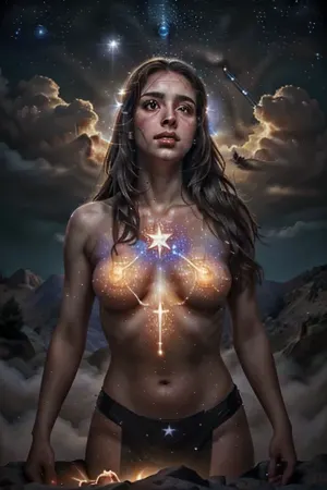 A stunning 8K resolution photorealistic AI generated artwork featuring a beautiful girl with long brown hair and a huge god floating in the sky. The portrait is perfect for anyone who loves art and photography