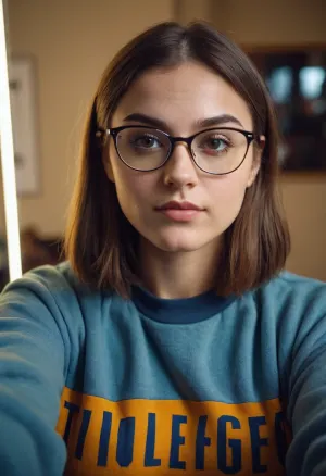 A woman in her 20s, who is a college student, takes a selfie with her new AI-generated mirror selfie. She wears a College Sweatshirt and looks at the camera with a confident smile