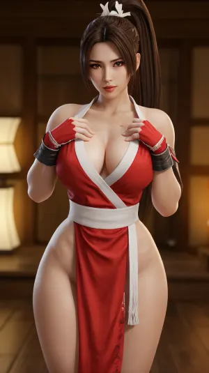 Eine Frau mit einem muskulären Körper und einer wohldefinierten Figur, die einen traditionellen japanischen Kimono mit High-Heeled Stiefeln trägt und einen Kriegsfan mit komplizierten Designs dekoriert trägt