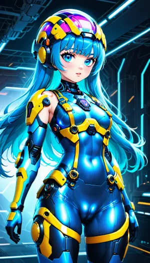 a young girl, tight shorts, cameltoes, suspenders, futuristic tight top, futuristic armor helmet, intergalactic decor, big boobs, blue eyes, long hair