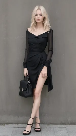 L'image montre une femme blonde debout devant un mur orange vif, composé de panneaux rectangulaires fixés par des vis. La femme porte une robe noire moulante avec une fermeture éclair visible sur le devant, ce qui met en valeur sa silhouette élancée. Elle tient un sac à main noir dans sa main droite, et son autre bras est détendu le long de son corps. Ses sandales à talons noires, avec des lanières délicates autour des chevilles, ajoutent une touche élégante à sa tenue. Le sol est pavé de dalles grises, créant un contraste subtil avec le mur lumineux. La lumière naturelle éclaire la scène, mettant en évidence les textures de la robe, du sac, et la douceur de ses cheveux blonds coiffés en boucles lâches. Chaque élément dans la photo contribue à une ambiance chic et urbaine.