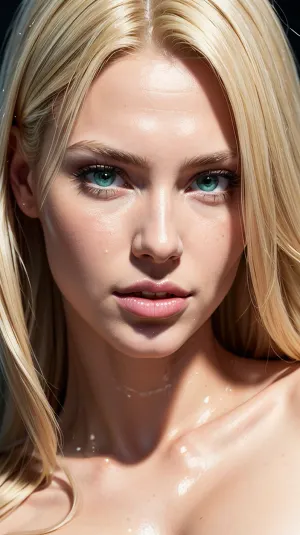 一个金发女孩 脸部和强烈的绿色眼睛 在她的卧室, 无顶和准备 一些激烈的AI生成的色情。 她想看看她自己详细的照片 于是她打开了她强大的AI动力发电机