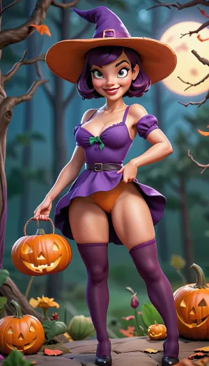 パープルストッキングとジャック・オランタンのセクシーなウィッチの衣装のかわいい少女は、ジャック・オランタンを保持していた、彼女の全身はイメージで見えます