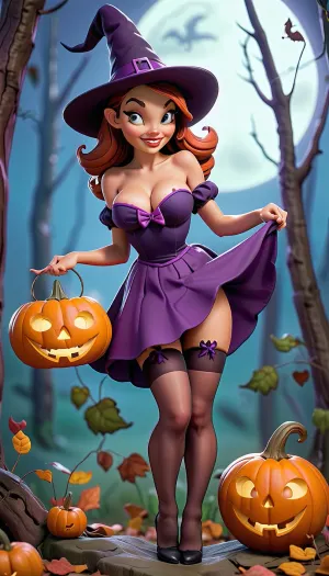 Uma menina bonita em um traje de bruxa com olhos sensuais e olhos safados está segurando um jack-o-lantern, pronto para carve-lo em uma abóbora para o Halloween