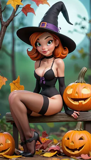 Ein nettes Mädchen, das ein Hexenkostüm mit einem Stockwerk und keine Höschen trägt, keinen Rock, keine Unterwäsche, sitzt auf einer Jack-o-lantern mit seinem Stamm in ihrer Muschi, nackt, nackt, nackt, chrissandersartstyle. Sie
