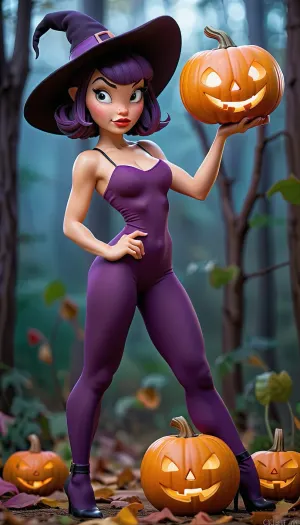एक प्यारा लड़की ने बैंगनी लेगिंग, शॉर्ट स्ट्रेट हेयर के साथ एक चुड़ैल पोशाक पहनी, और जैक-ओ-लेन्टर को पकड़कर पाठ उत्पन्न किया है