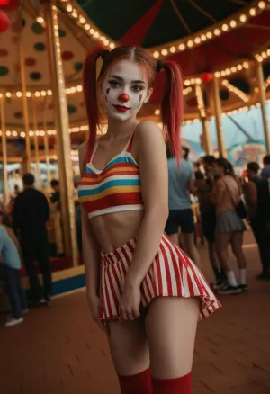 穿着白色颜料和小丑服装的年轻漂亮女孩 站在电影风格的场景背景中